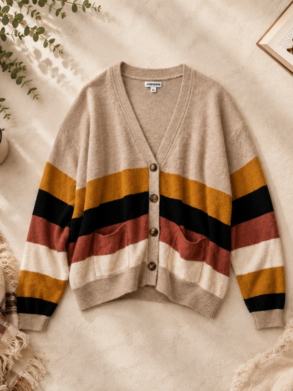 Vigoss Colorblock Button Cardigan Beige Mustard Rust XL